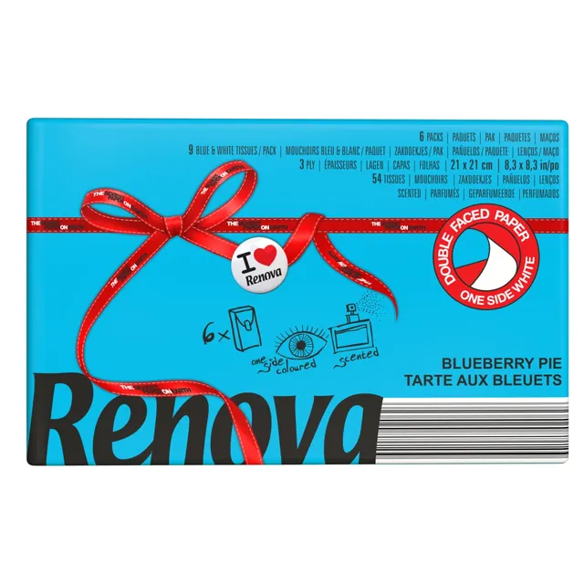Renova Tissues Red Label Taschentücher blau, Blaubeerkuchenduft, 6 Päckchen