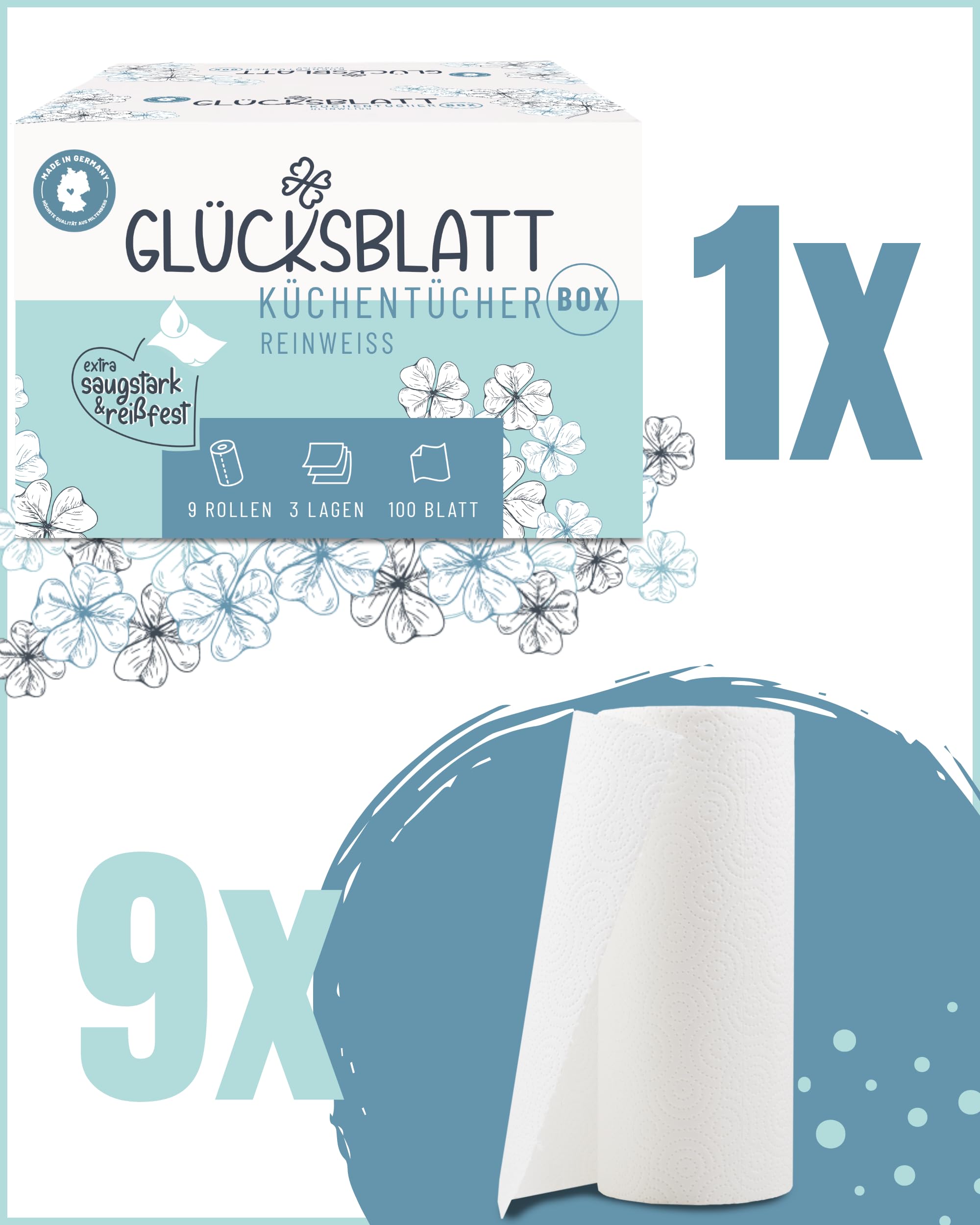 Glücksblatt Küchentücher Küchentücher 9 Rollen 100 Blatt 3-lagig