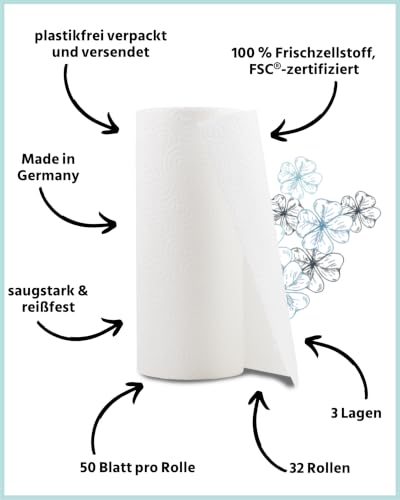 Glücksblatt Küchentücher Küchenpapier 32 Rollen à 50 Blatt, 3-lagig, saugstark