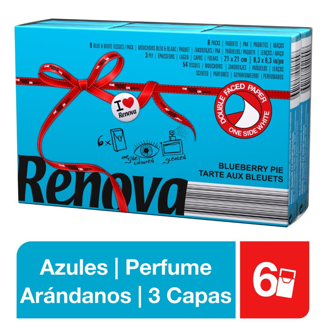 Renova Tissues Red Label Taschentücher blau, Blaubeerkuchenduft, 6 Päckchen