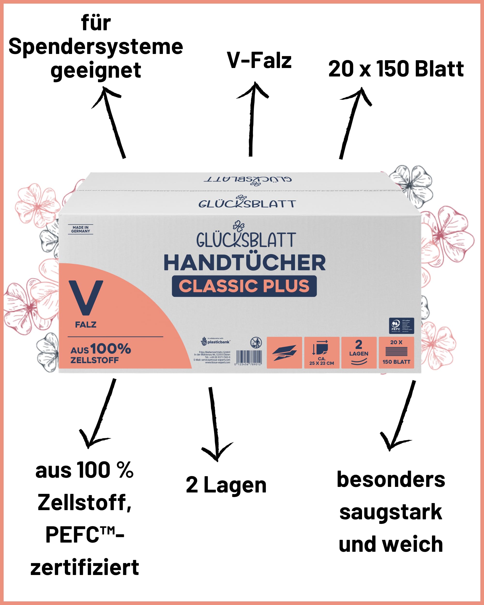 Glücksblatt Handtücher Papierhandtücher, 3000 Blatt, V-Falz, 2-lagig