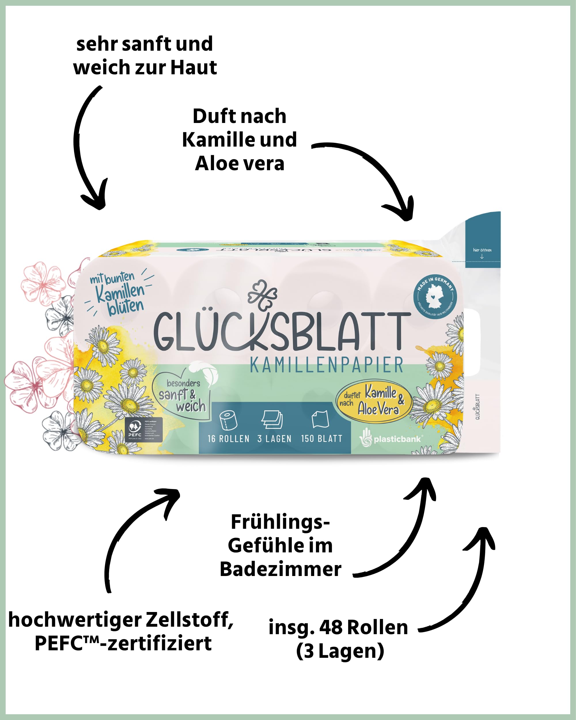 Glücksblatt Kamille Toilettenpapier 48 Rollen, 3-lagig mit Duft
