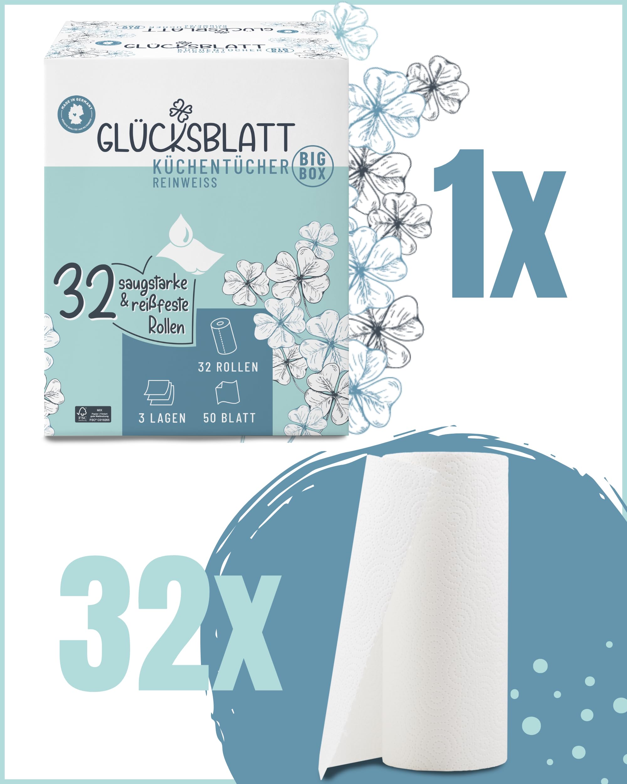 Glücksblatt Küchentücher Küchenpapier 32 Rollen à 50 Blatt, 3-lagig, saugstark
