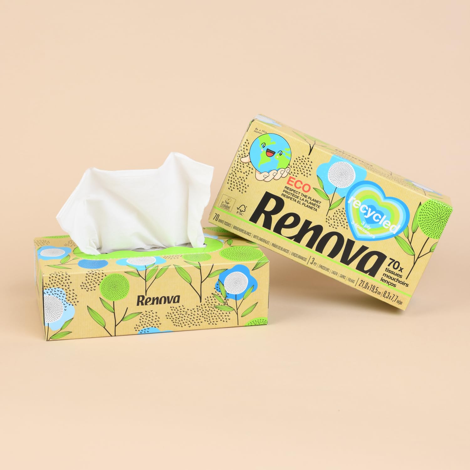 Renova Tissues 100% RECYCLED Taschentücher 70er Pack, 100 % Recyclingpapier