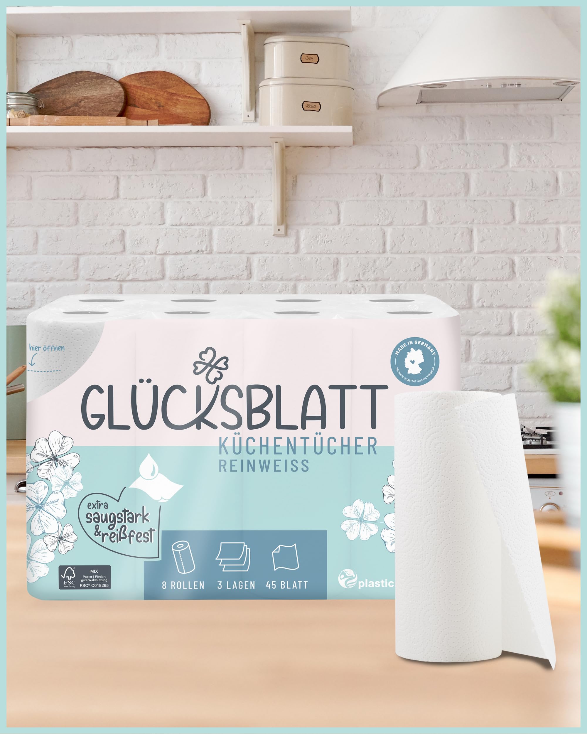 Glücksblatt Küchentücher 48 Rollen, 3-lagig, ohne Duft- und Farbstoffe