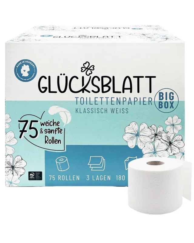 Glücksblatt Toilettenpapier Box, 75 Rollen à 180 Blatt, 3-lagig