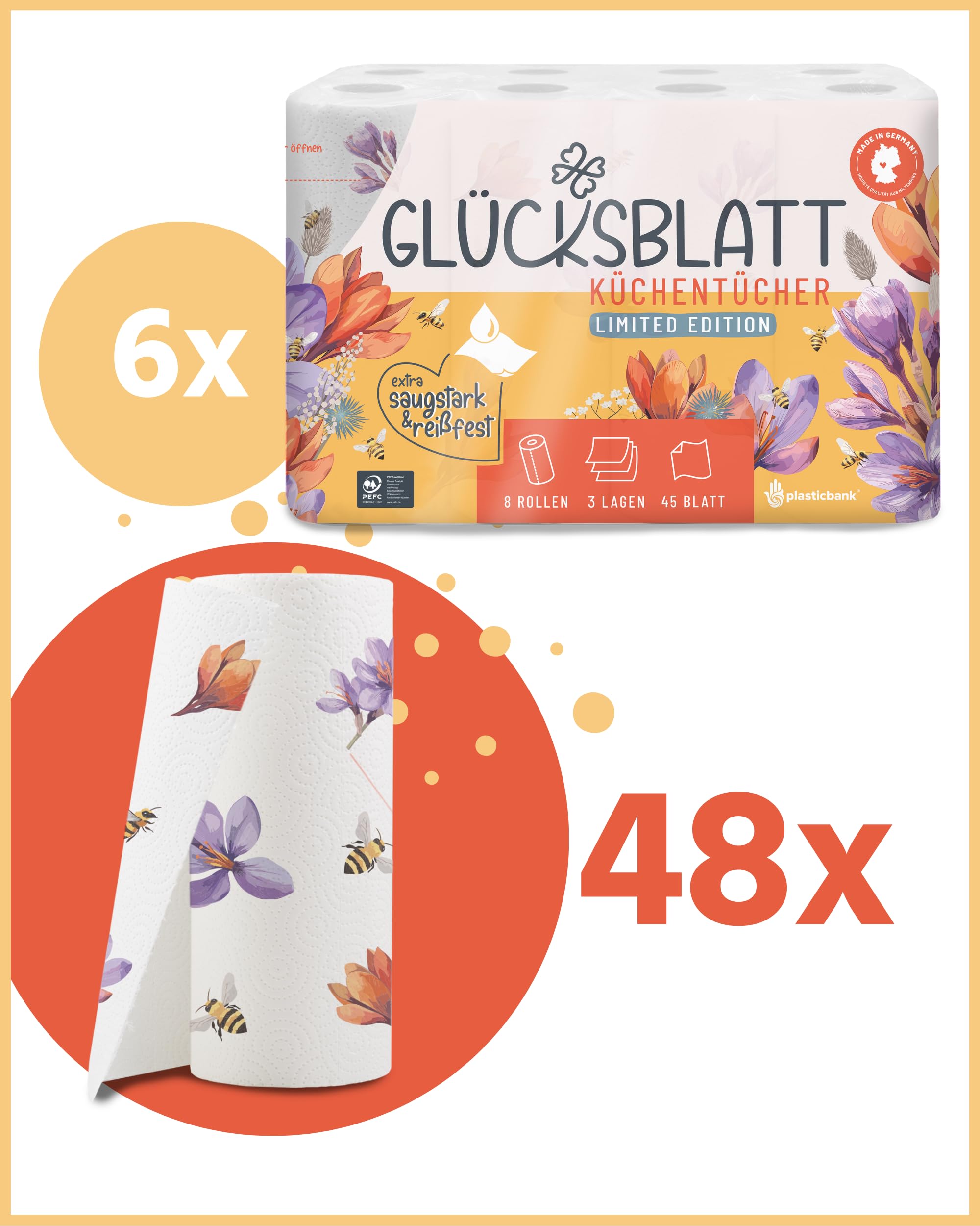 Glücksblatt Küchentücher mit Motiven 48 Rollen 3-lagig saugstark