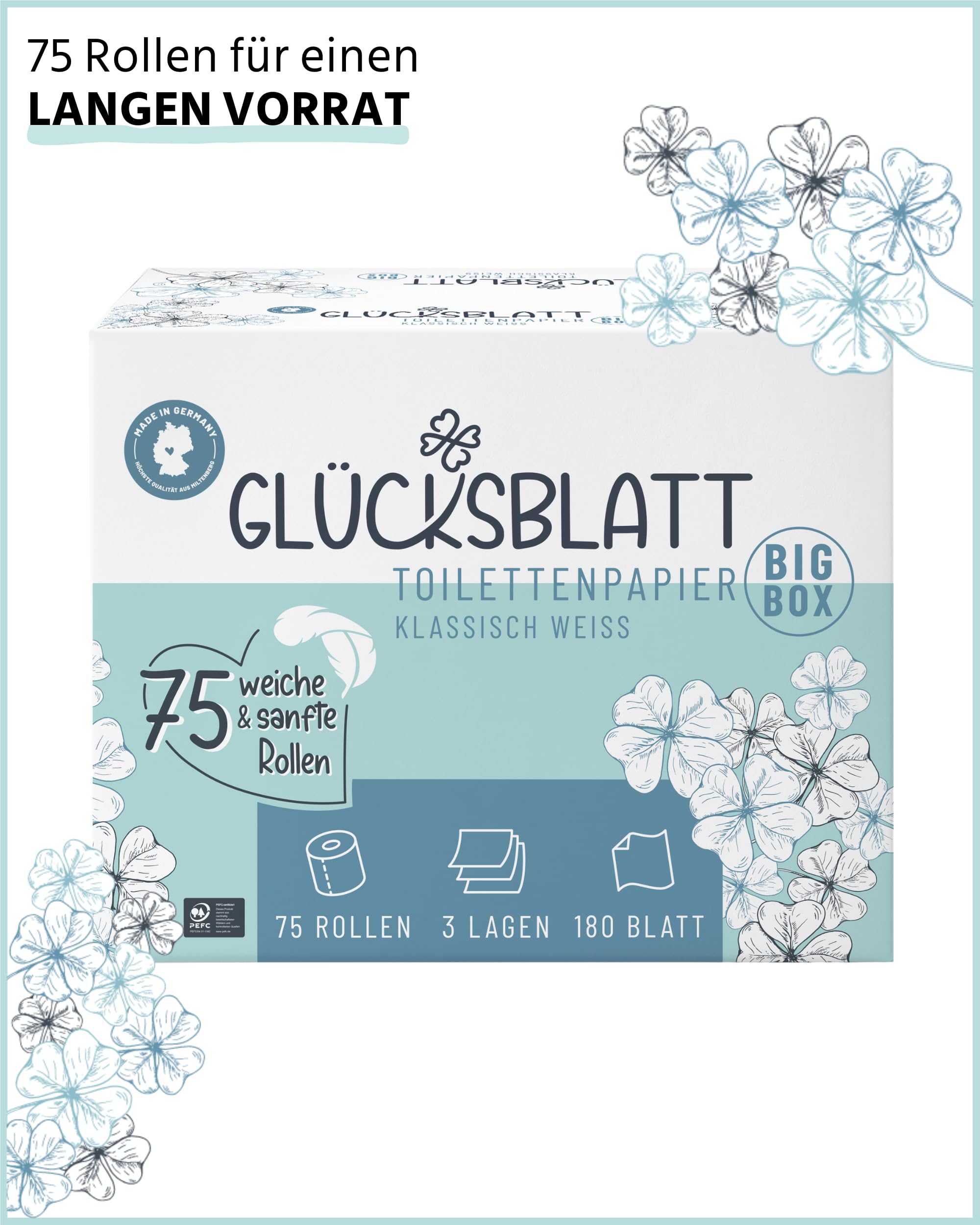 Glücksblatt Toilettenpapier Box, 75 Rollen à 180 Blatt, 3-lagig