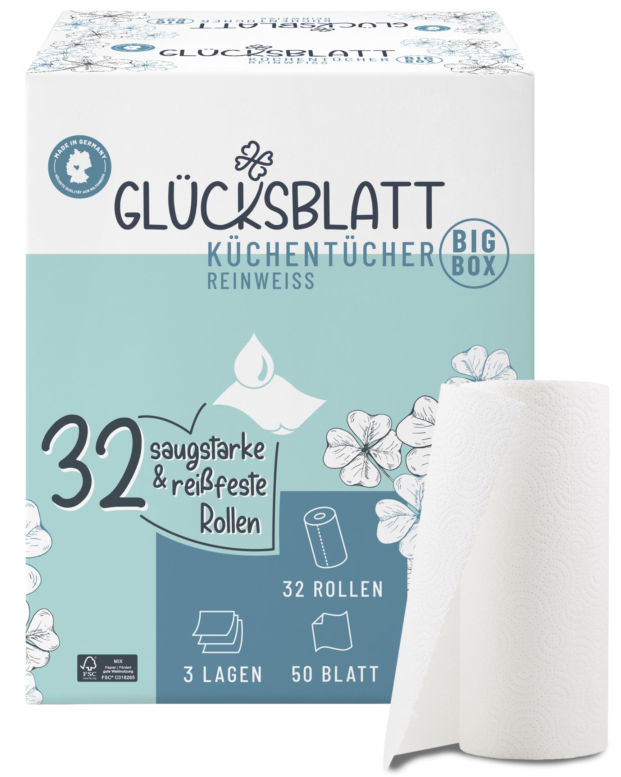 Glücksblatt Küchentücher Küchenpapier 32 Rollen à 50 Blatt, 3-lagig, saugstark