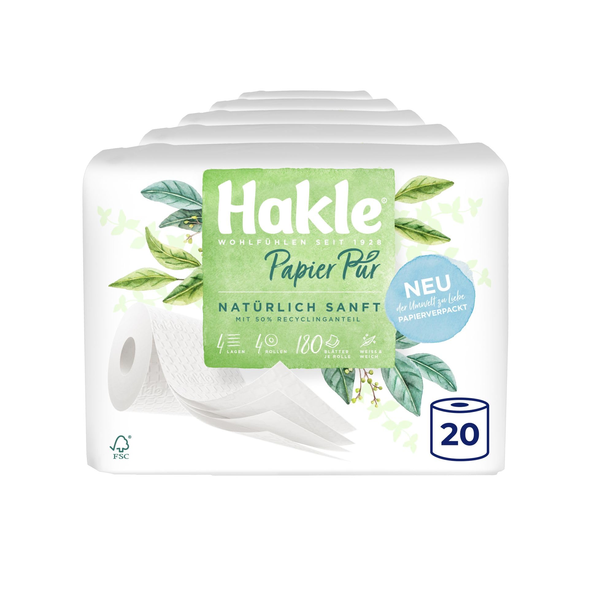 Hakle Papier Pur Toilettenpapier 20 Rollen 4-lagig mit Recyclinganteil