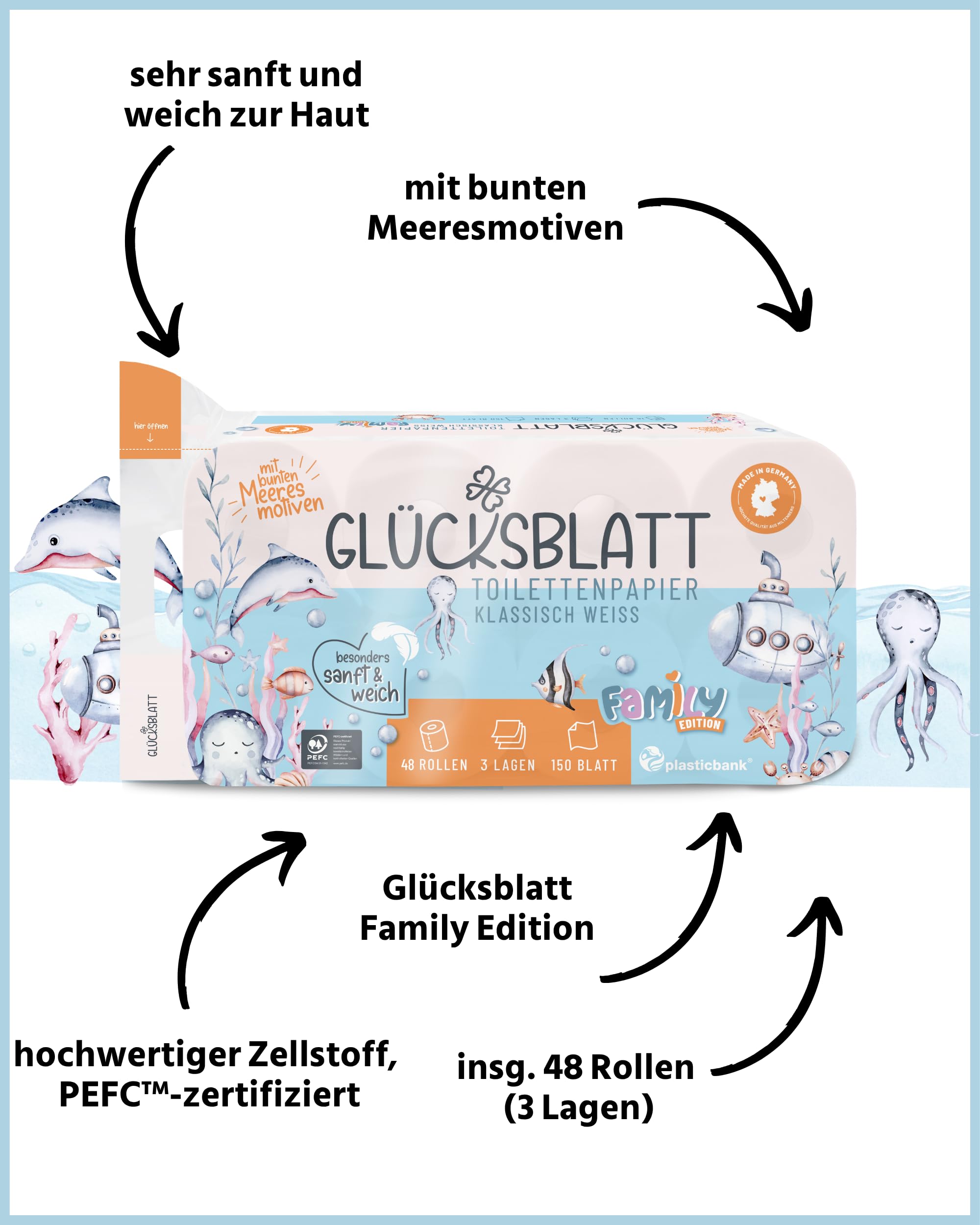 Glücksblatt Toilettenpapier mit bunten Druckmotiven, 48 Rollen, 3-lagig