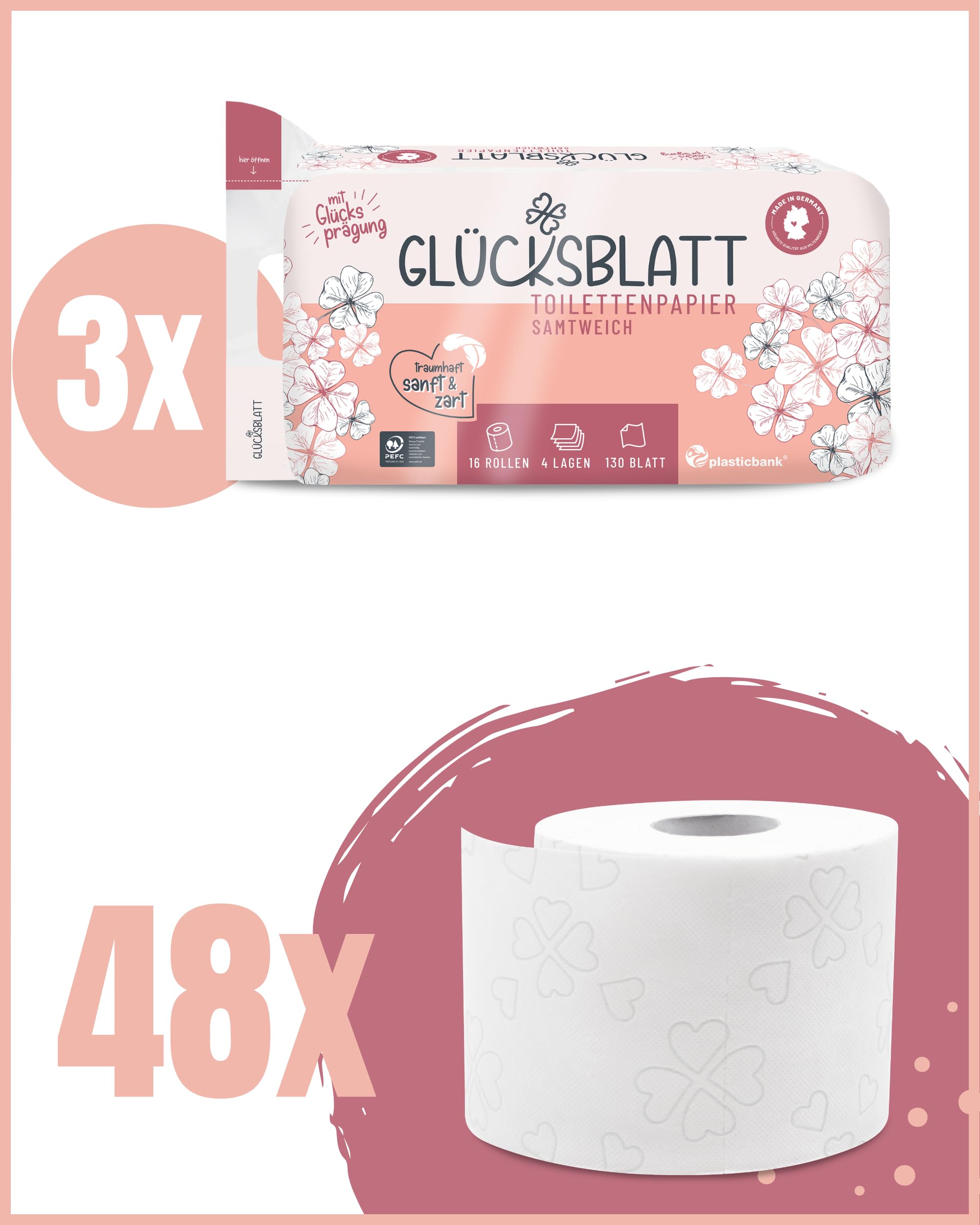 Glücksblatt Toilettenpapier samtweich 4-lagig Klopapier 48 Rollen
