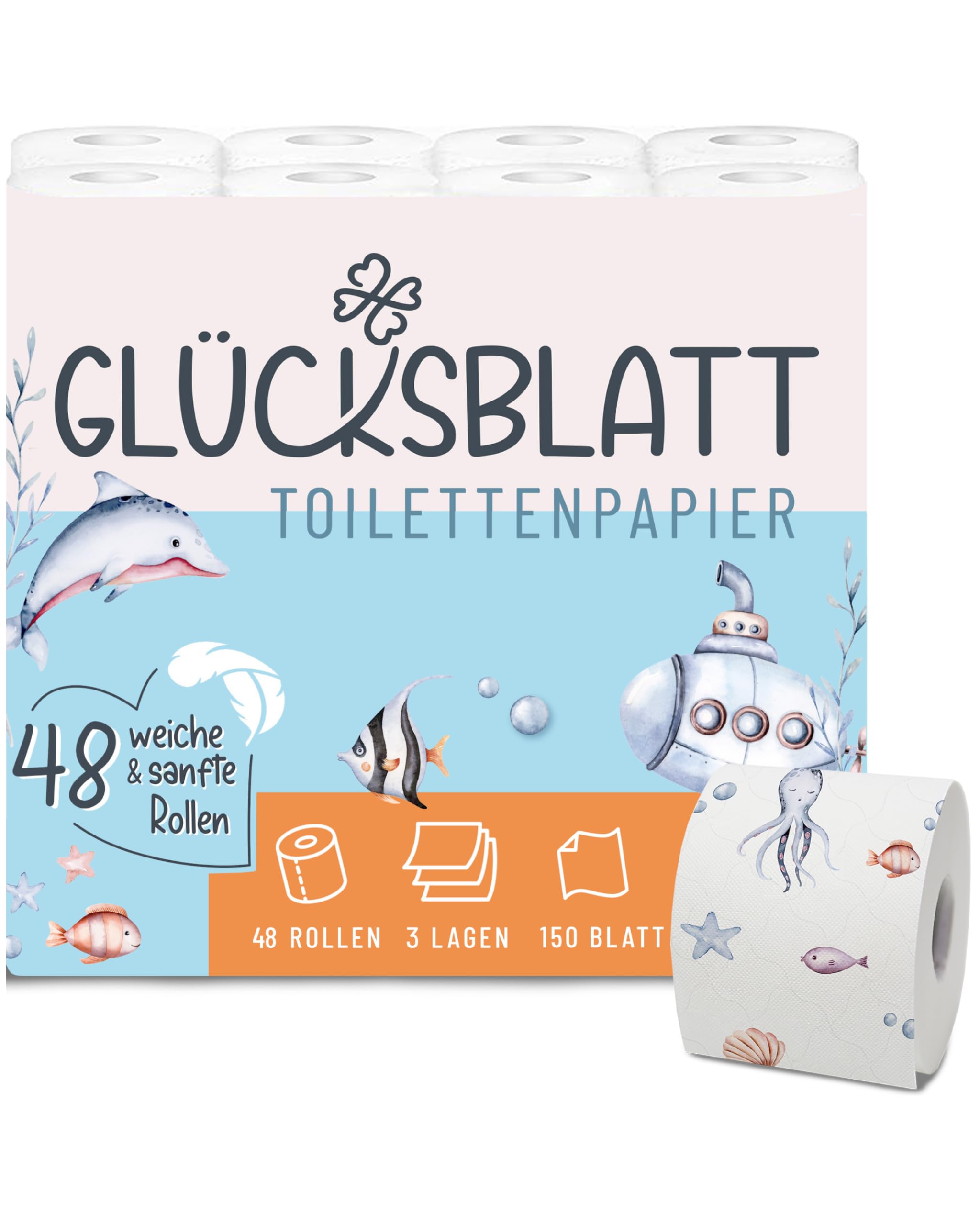 Glücksblatt Toilettenpapier mit bunten Druckmotiven, 48 Rollen, 3-lagig