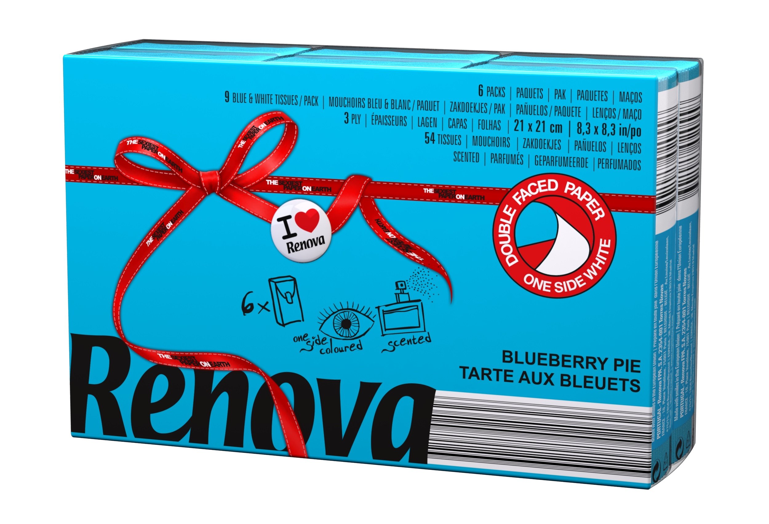 Renova Tissues Red Label Taschentücher blau, Blaubeerkuchenduft, 6 Päckchen