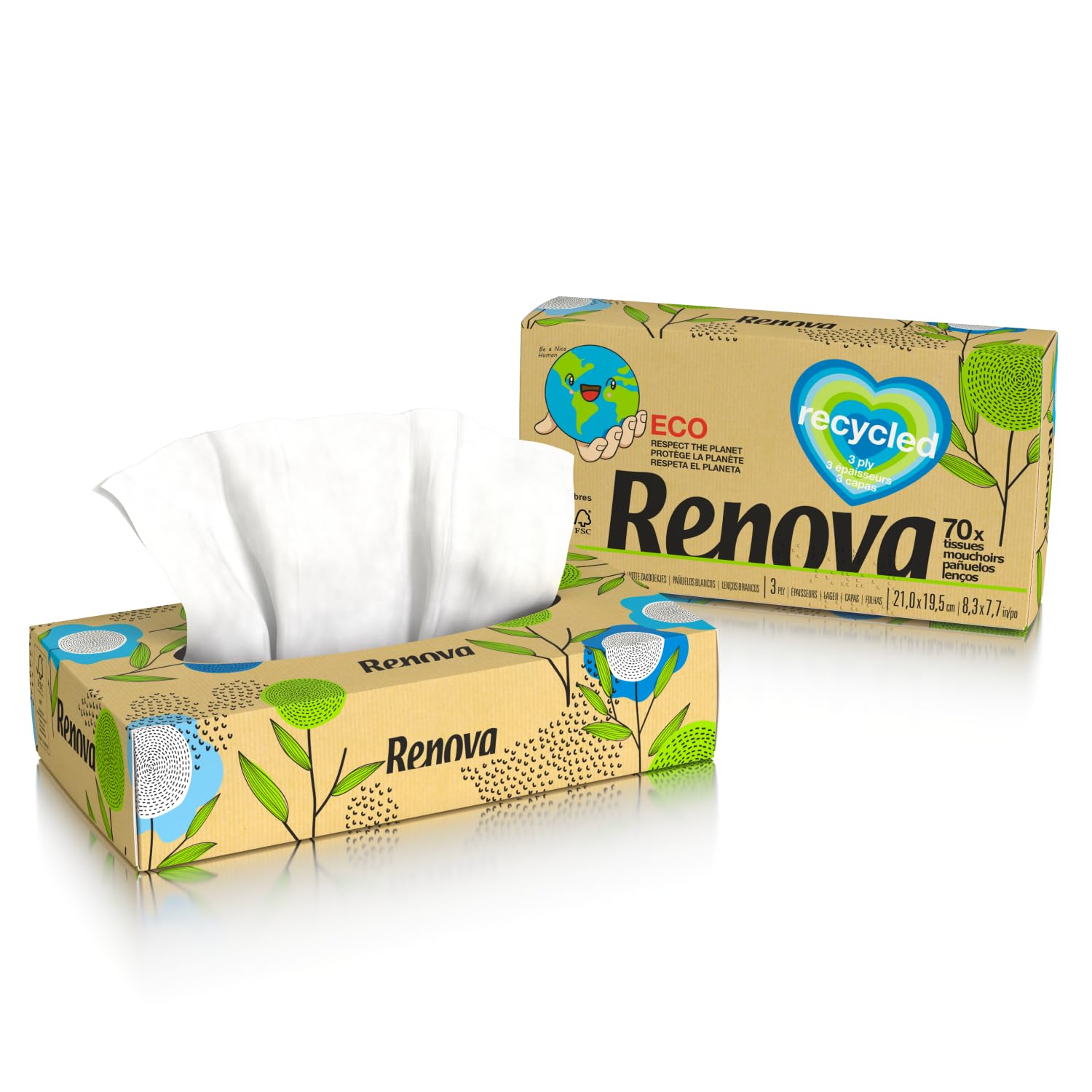Renova Tissues 100% RECYCLED Taschentücher 70er Pack, 100 % Recyclingpapier