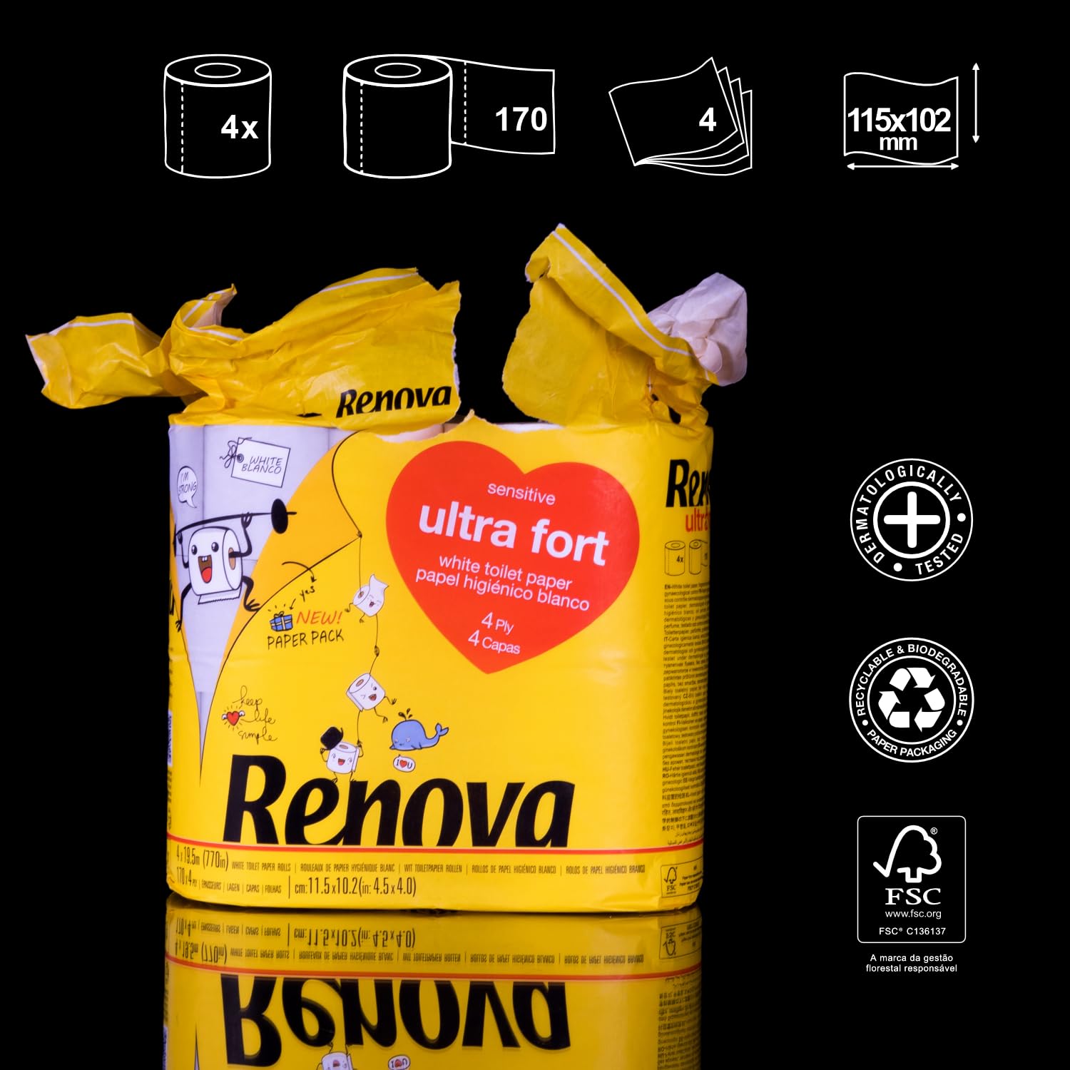 Renova Ultra Fort Toilettenpapier 4 Rollen, weiß und 4-lagig