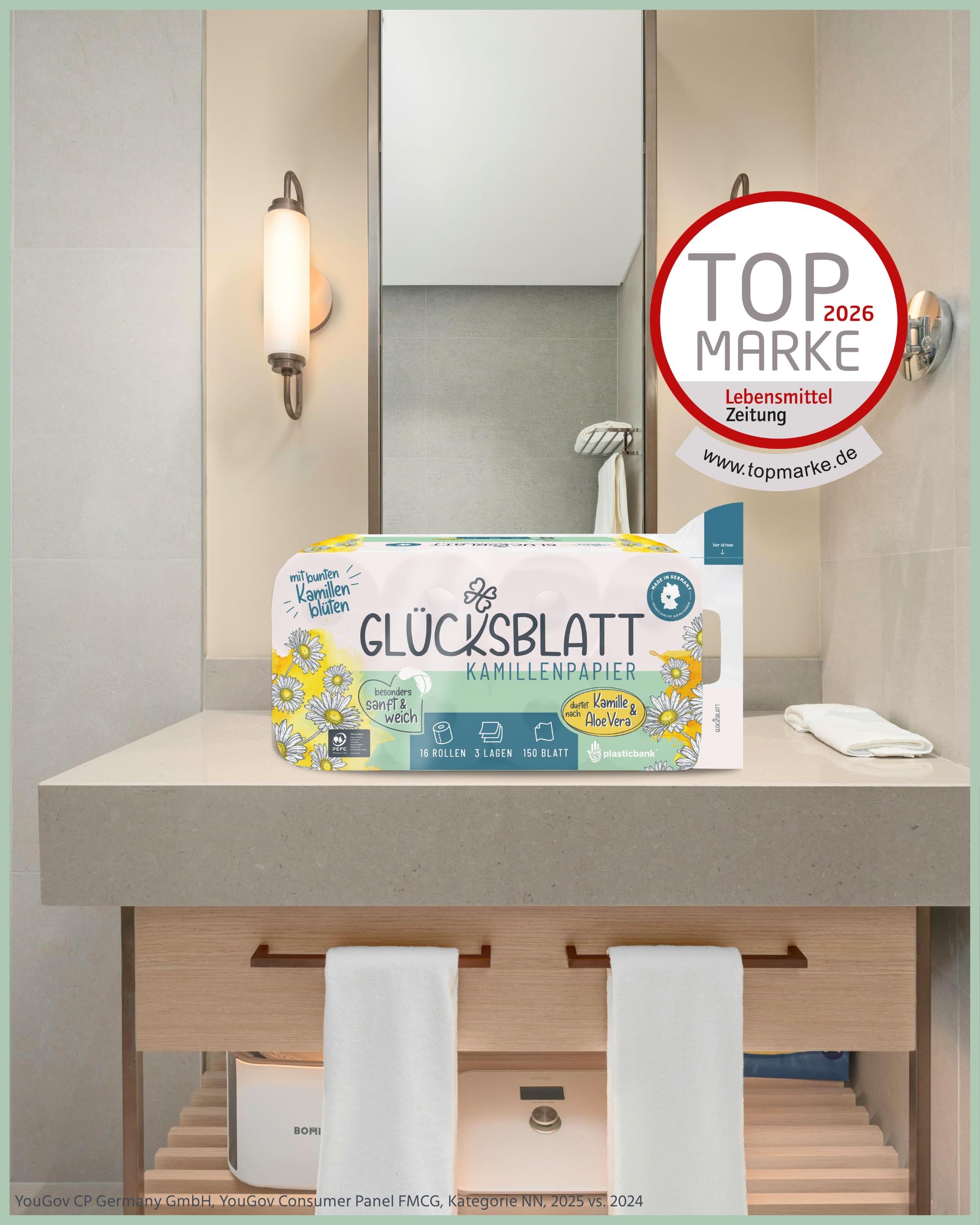 Glücksblatt Kamille Toilettenpapier 48 Rollen, 3-lagig mit Duft