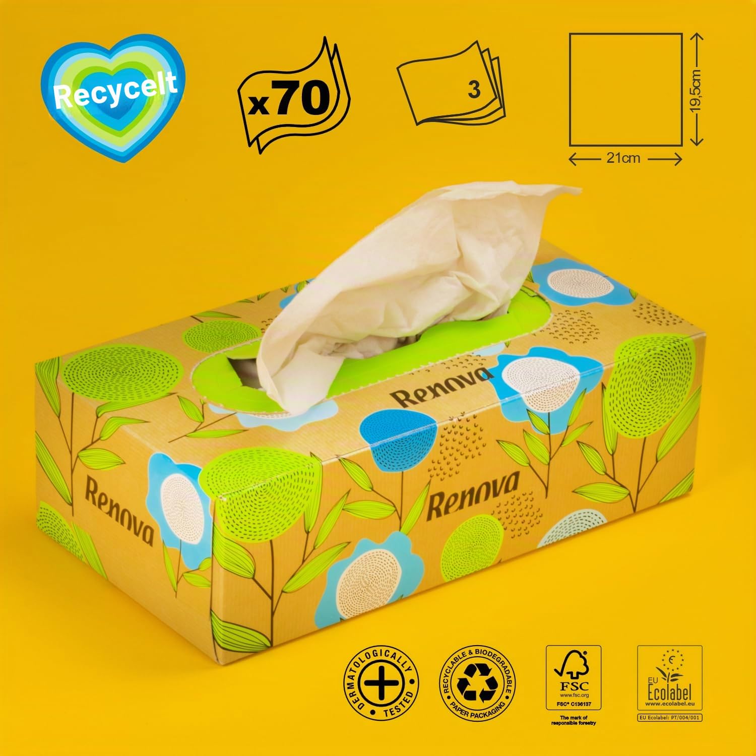 Renova Tissues 100% RECYCLED Taschentücher 70er Pack, 100 % Recyclingpapier