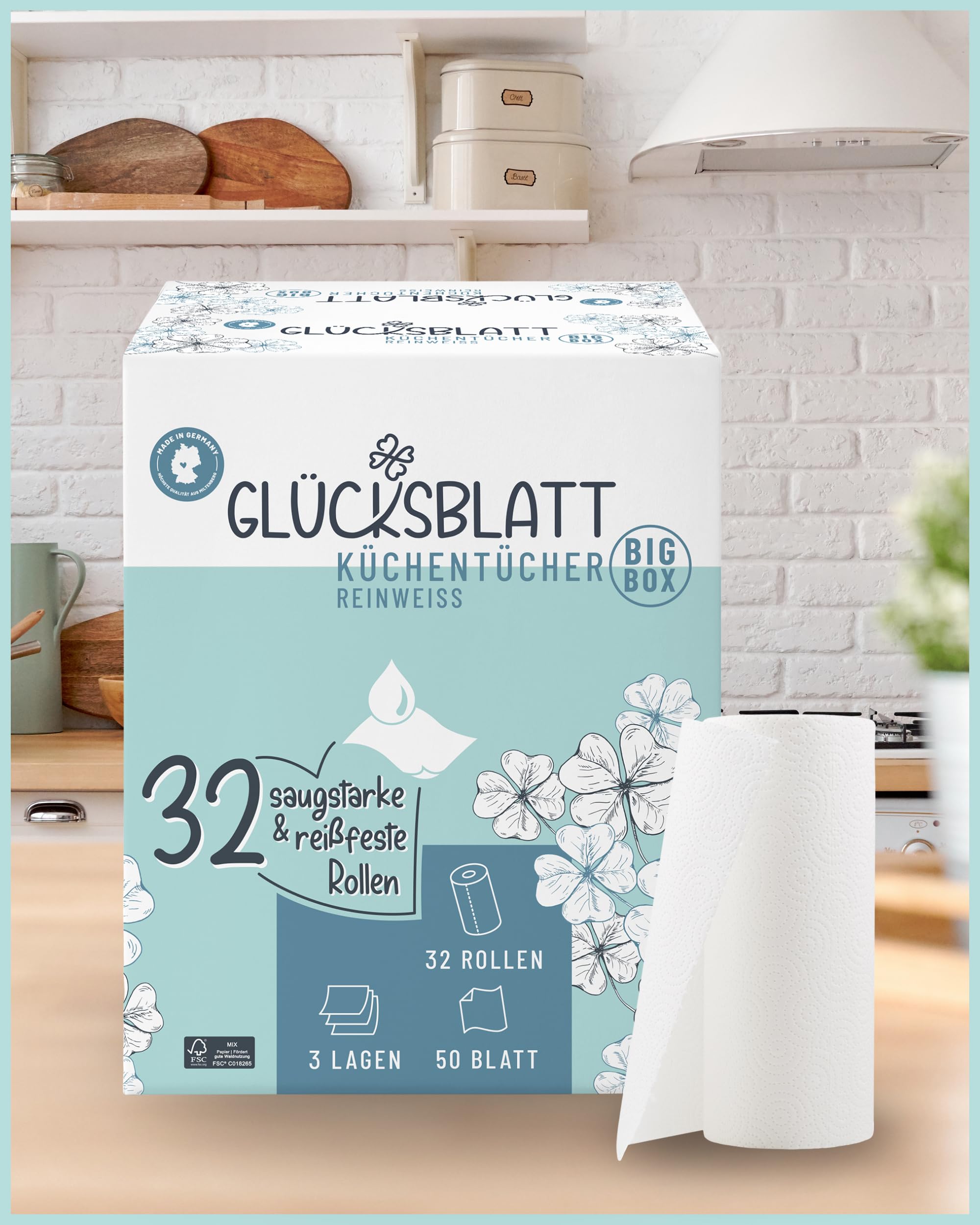 Glücksblatt Küchentücher Küchenpapier 32 Rollen à 50 Blatt, 3-lagig, saugstark