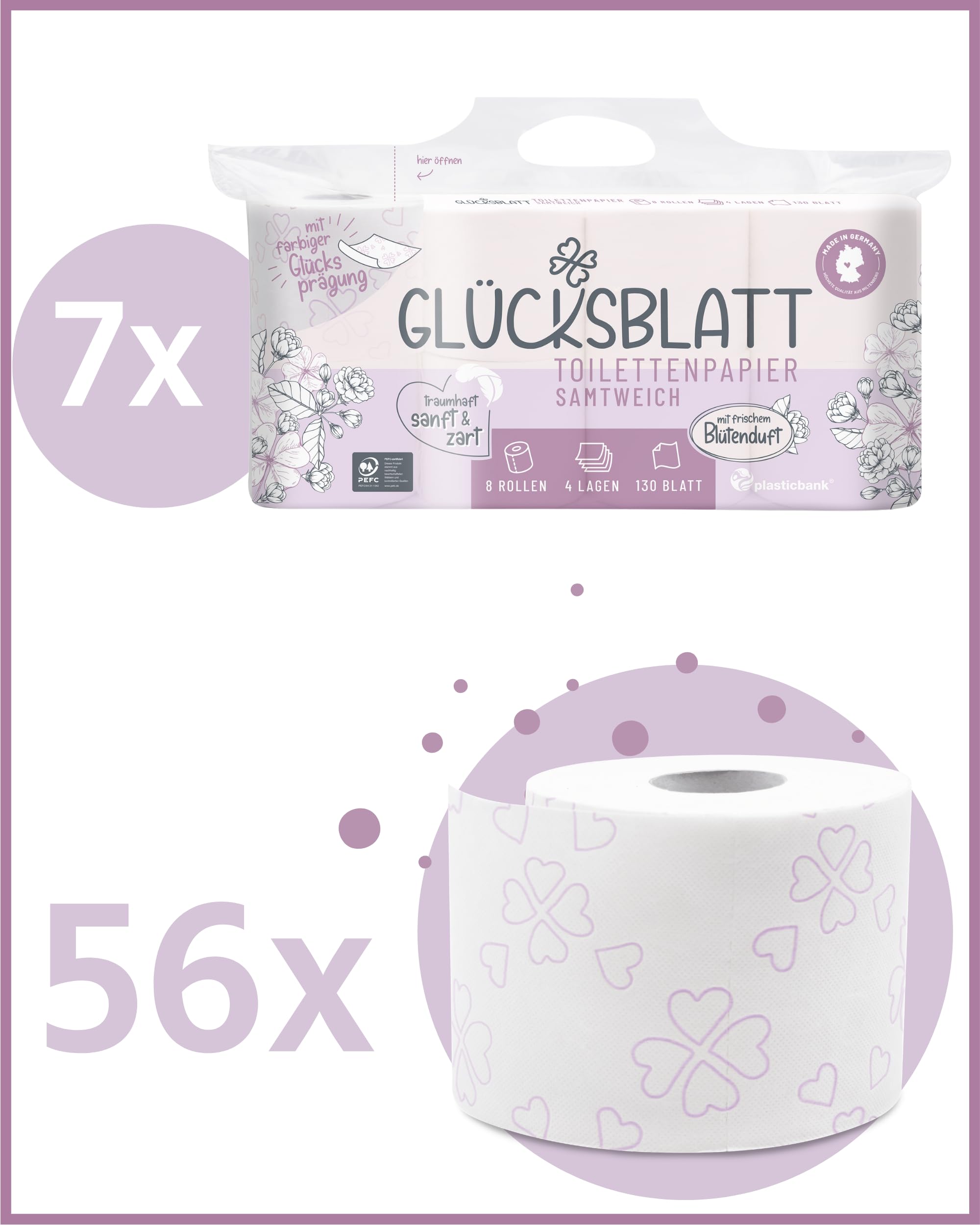 Glücksblatt Toilettenpapier Toilettenpapier 56 Rollen Blütenduft 4-lagig