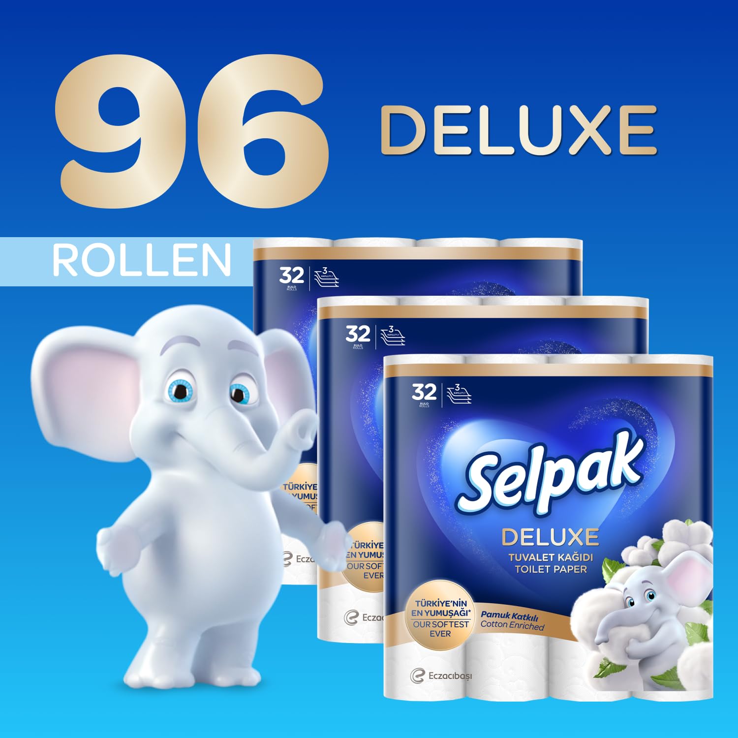 Selpak Deluxe Toilettenpapier 96 Rollen, 3-lagig mit Baumwollfasern