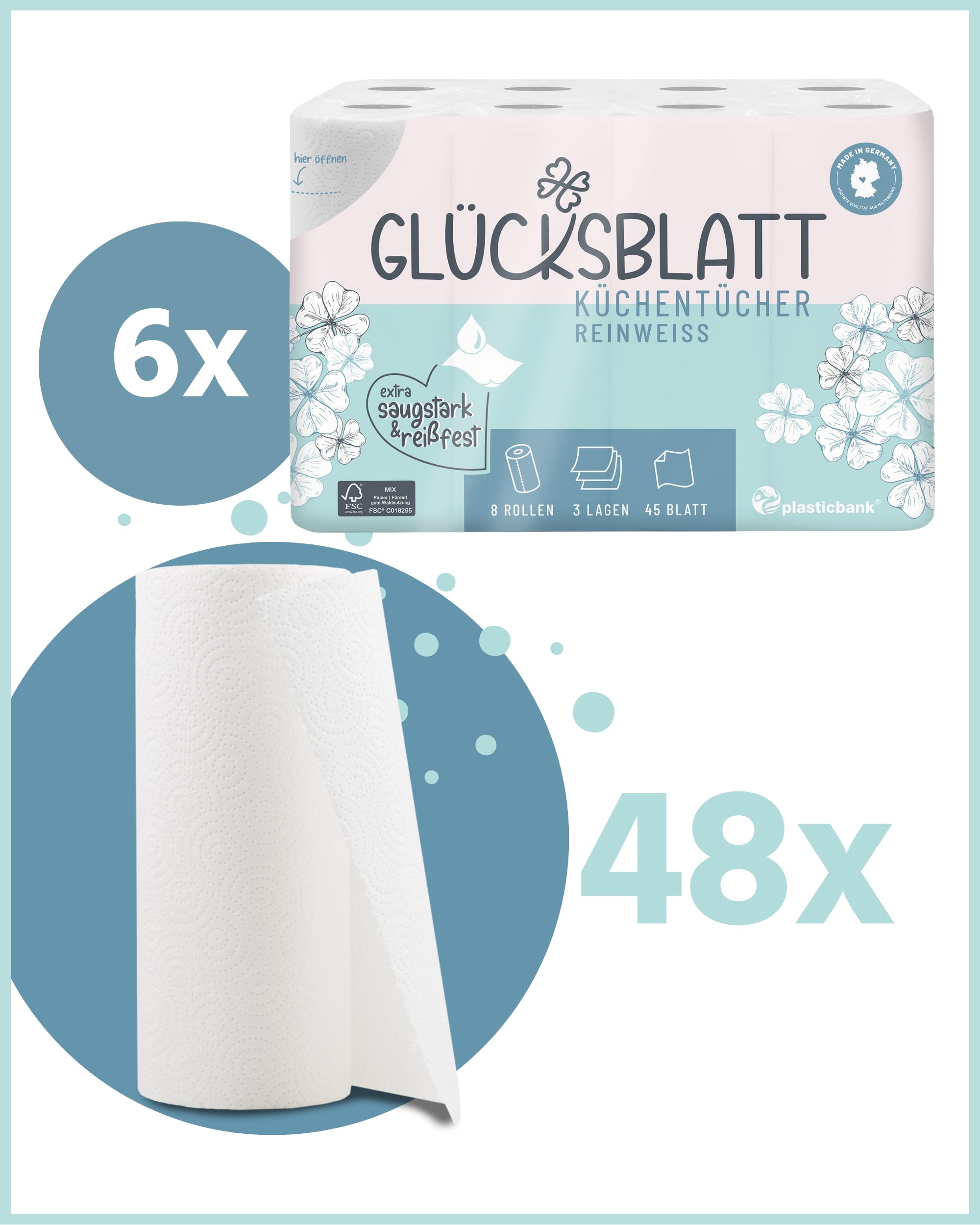 Glücksblatt Küchentücher 48 Rollen, 3-lagig, ohne Duft- und Farbstoffe